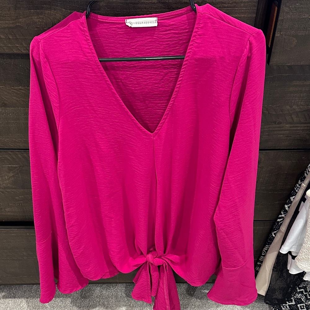 Vibrant Pink V-Neck Blouse with Tie Detail